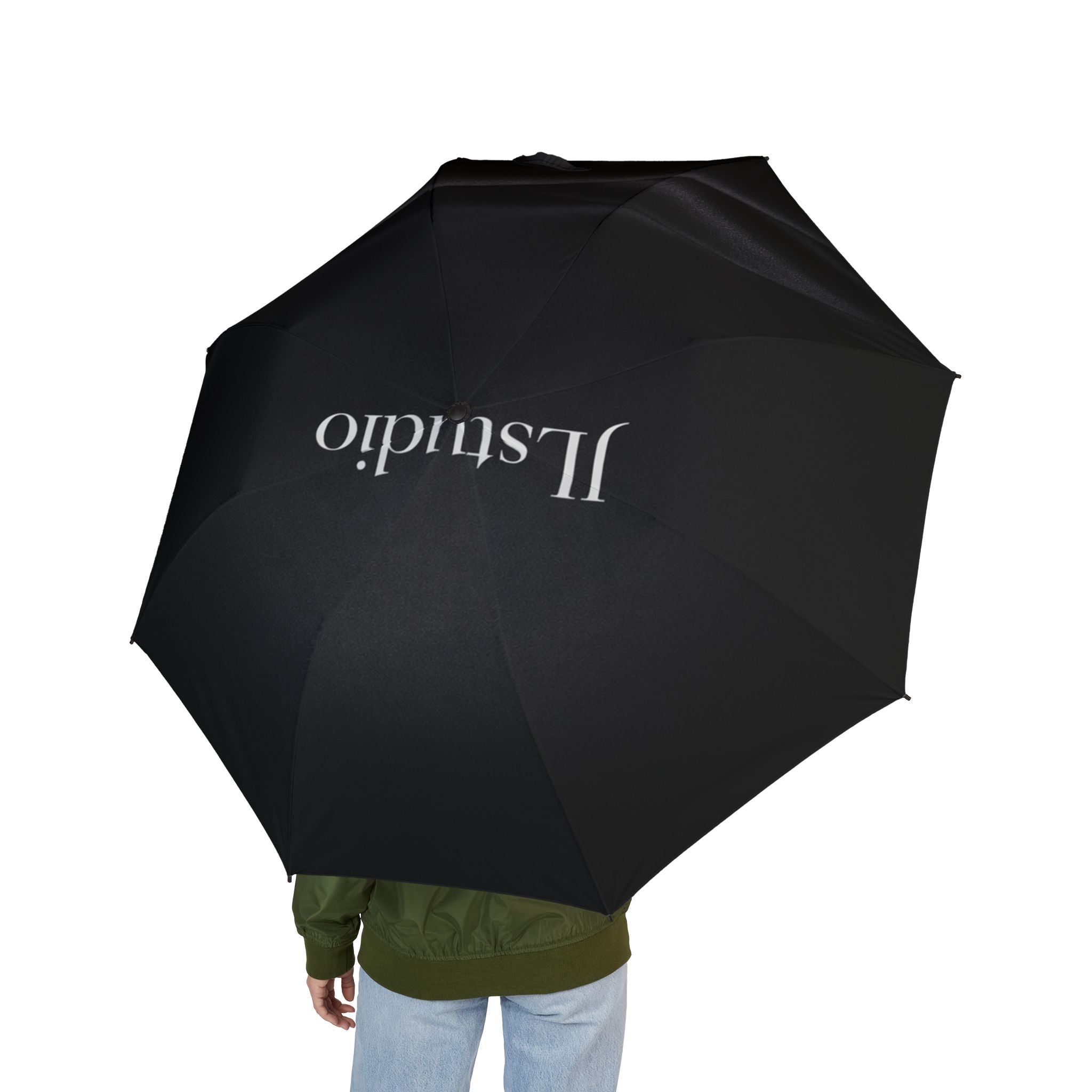 Semi-Automatic Foldable Umbrella — Compact Black Travel Umbrella with "Il Studio" Logo